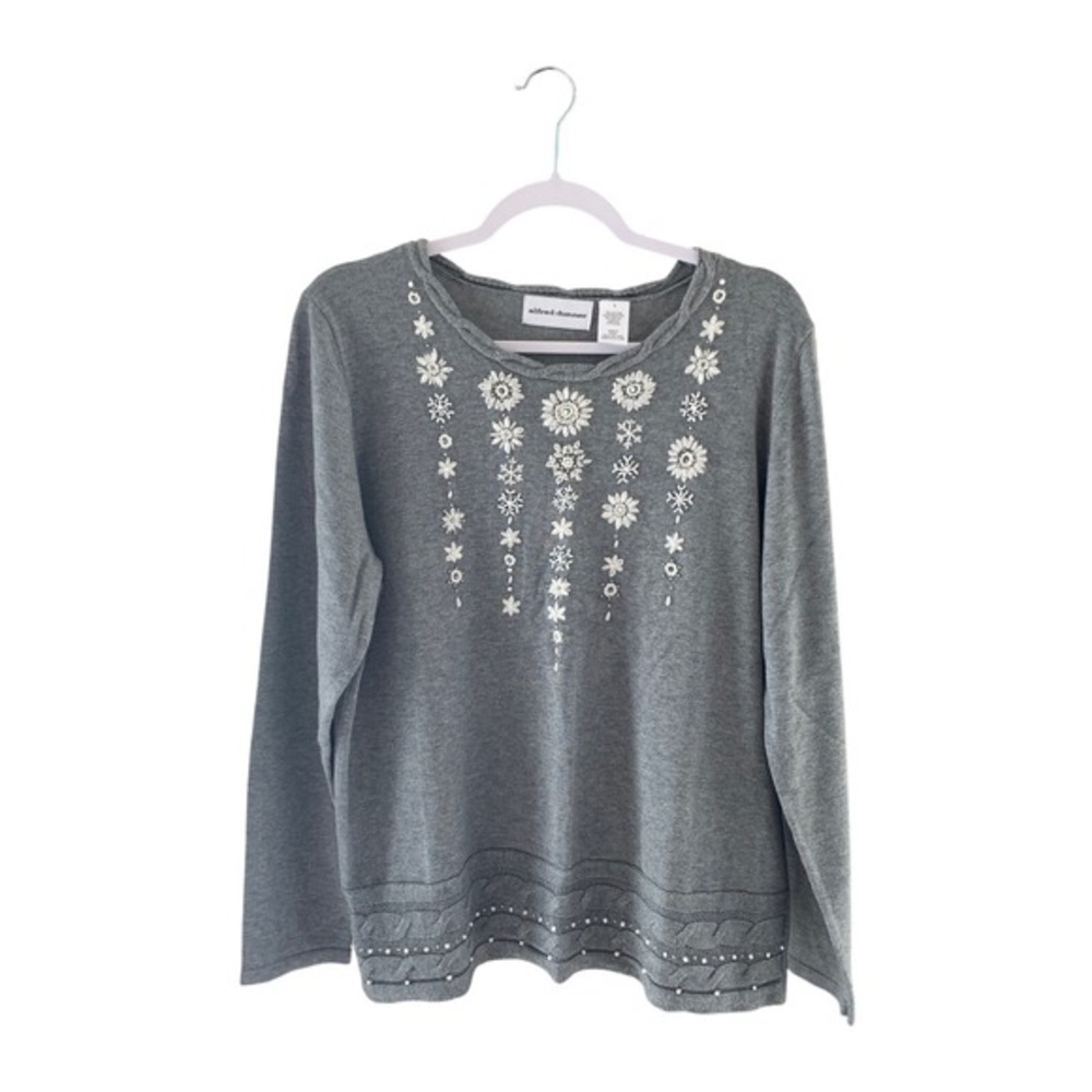 Alfred Dunner Women’s Large Gray Floral Snowflake Embellished Knit Sweater
